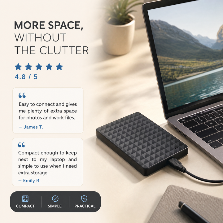 Detail with the drive beside a laptop, notebook and pen, with customer review quotes and a five-star rating.