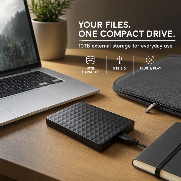Detail of the drive plugged into a laptop on a wooden desk next to a plant, sleeve and notebook.