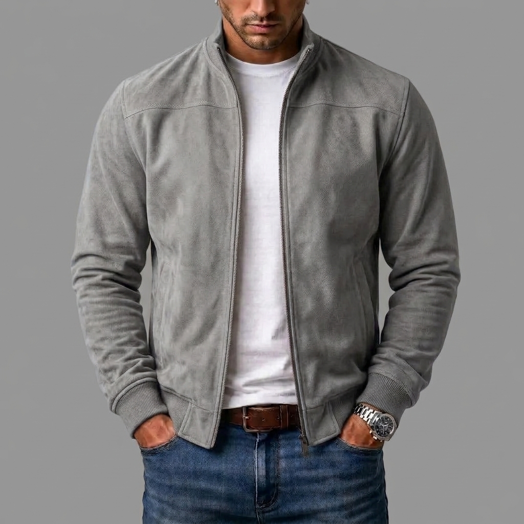 Light gray suede bomber worn open by a model over a white tee and jeans, with ribbed cuffs. 7