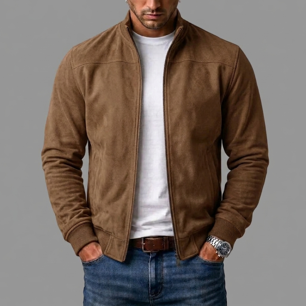 Caramel brown suede-look jacket unzipped over a white tee and jeans, showing the ribbed cuffs, hem and stand collar.