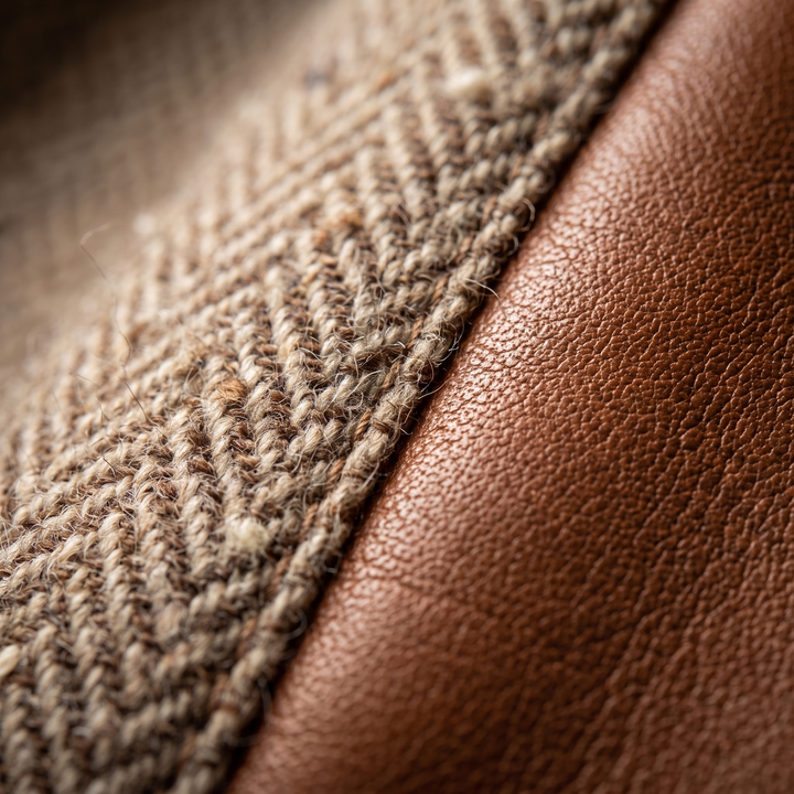 Extreme close-up of woven herringbone tweed beside smooth, grainy tan faux leather trim 2