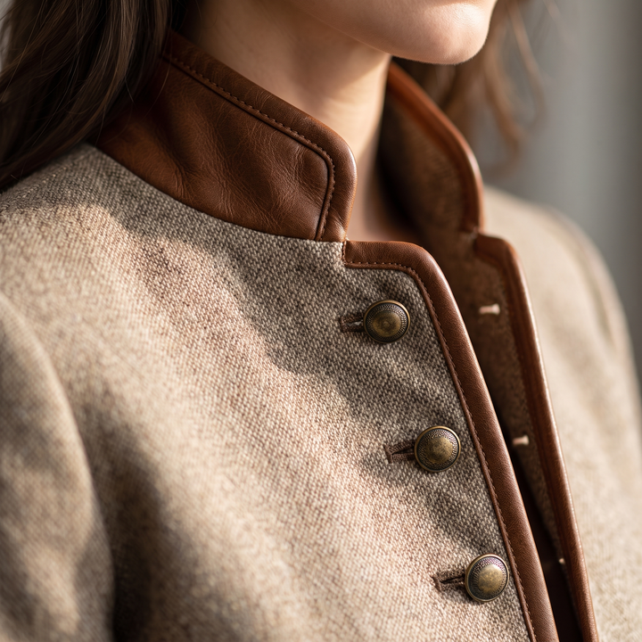 Detail of the stand collar with brown trim and antiqued metal buttons on the front placket 4