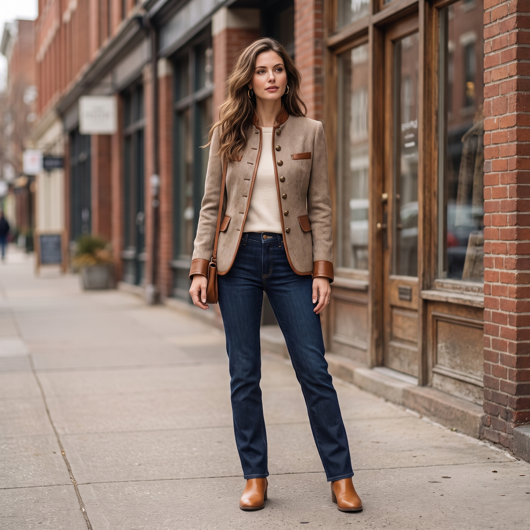 Model standing on a brick-lined street in the jacket with a cream top, jeans and ankle boots 6