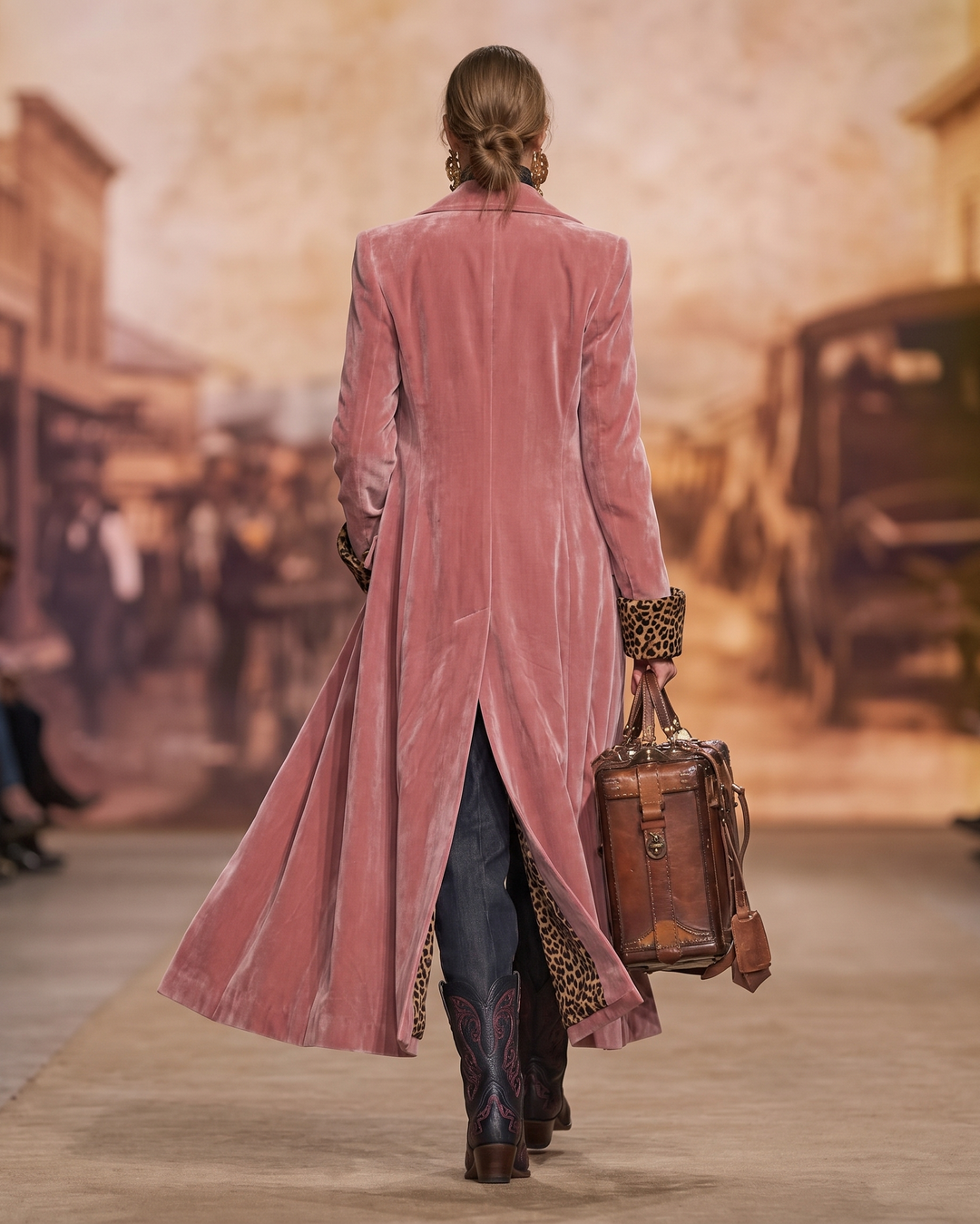 Back view of the pink velvet-effect coat on a walking model, showing the long center vent, leopard lining and cuffs, with boots. 4