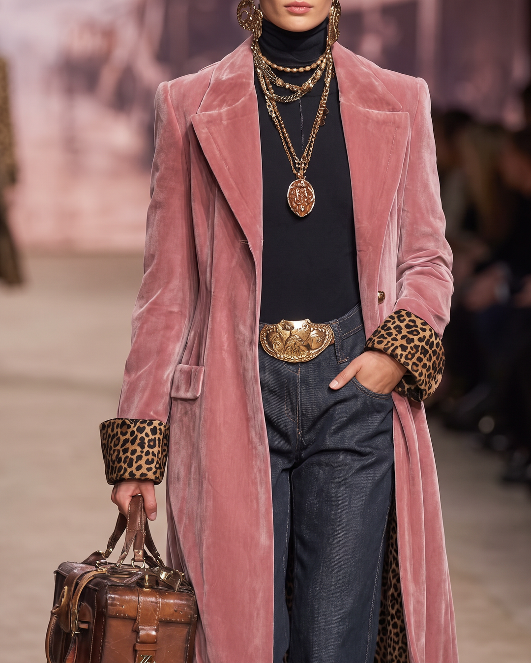 Close-up of the pink coat's wide notch lapels, flap pocket, button and turned-back leopard-print cuff, styled with gold chains and belt. 5