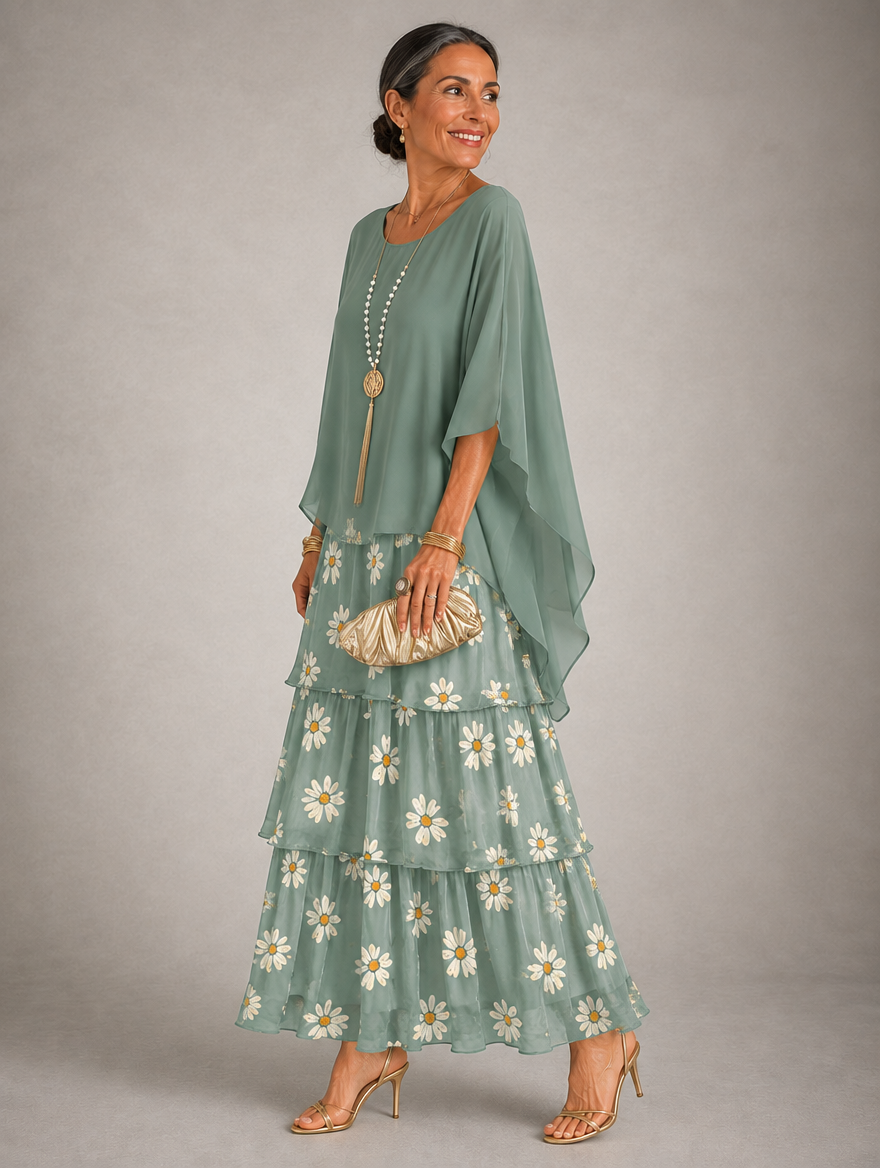 Side view of a model in the sage green dress, with a plain cape overlay over a tiered skirt printed with white daisies. 34