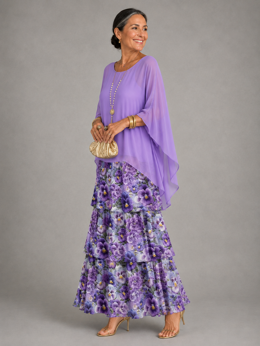 Side view of a model in a lavender cape overlay over a tiered skirt with a purple pansy floral print, holding a gold clutch. 40