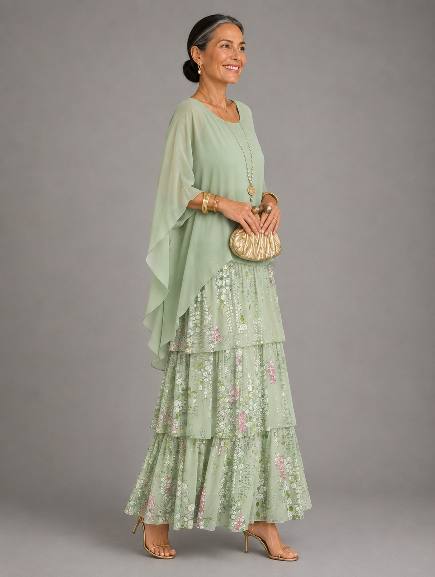 Side view of a model in the sage green sheer overlay and three-tier skirt with a pink and white floral print, holding a gold clutch. 46