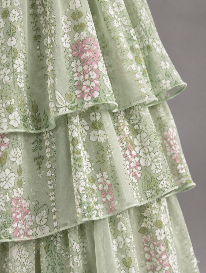 Detail of the sage green tiered ruffles with a pink and white floral print, showing the sheer layers and softly rolled hems. 47