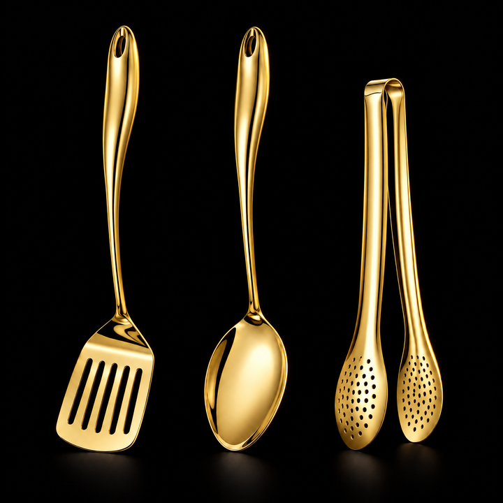 Three-piece set in a shiny gold finish on black: slotted turner, solid spoon and perforated tongs with curved handles.