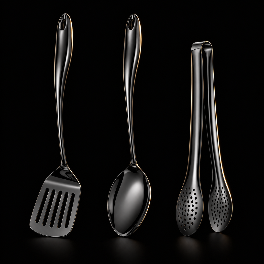Three-piece set in a glossy black finish on black: slotted turner, solid spoon and perforated tongs with curved handles.
