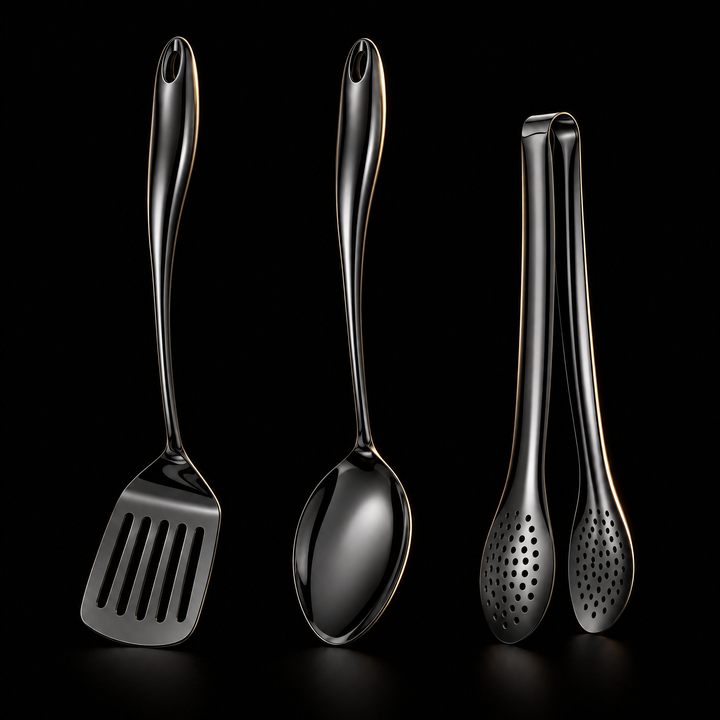 Three-piece set in a glossy black finish on black: slotted turner, solid spoon and perforated tongs with curved handles.