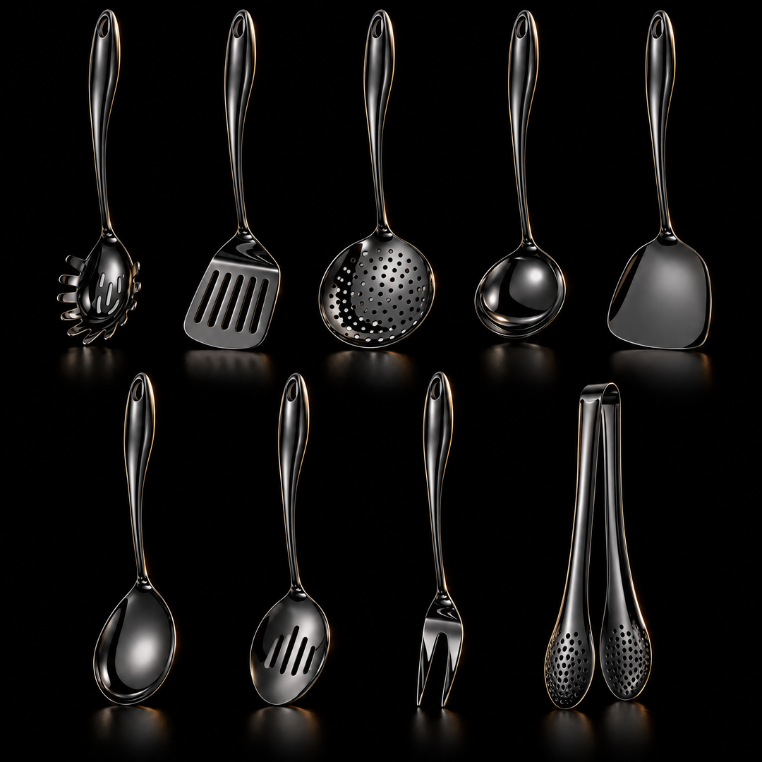 Nine glossy black curved-handle utensils in two rows on a black background, including a pasta server, turner, skimmer, ladle, fork and tongs. 21
