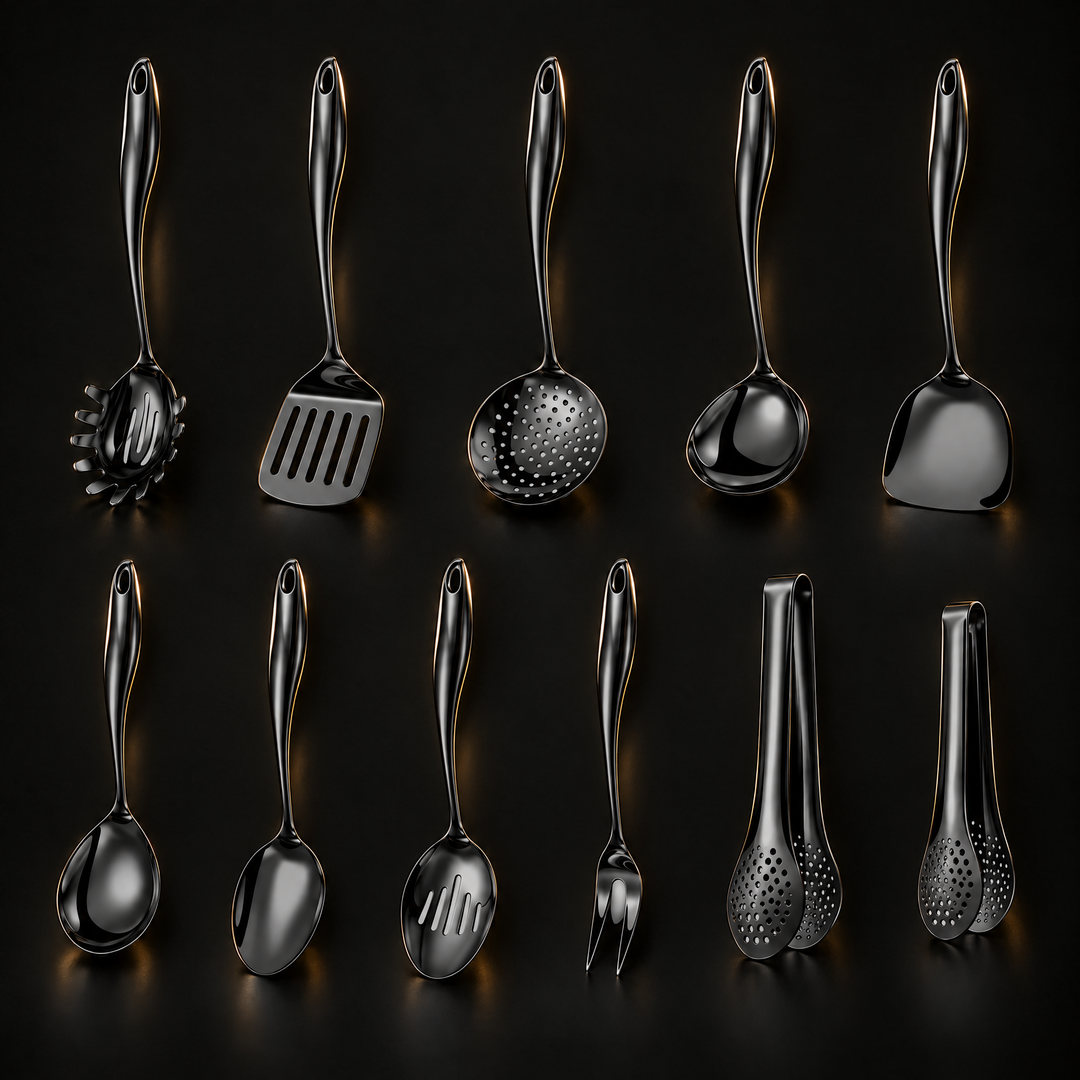 Eleven glossy black curved-handle utensils in two rows on a dark background, including two pairs of perforated tongs, with warm edge highlights. 22