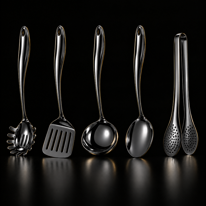 Five-piece set in a glossy black finish with reflections: pasta server, turner, ladle, spoon and perforated tongs standing upright.