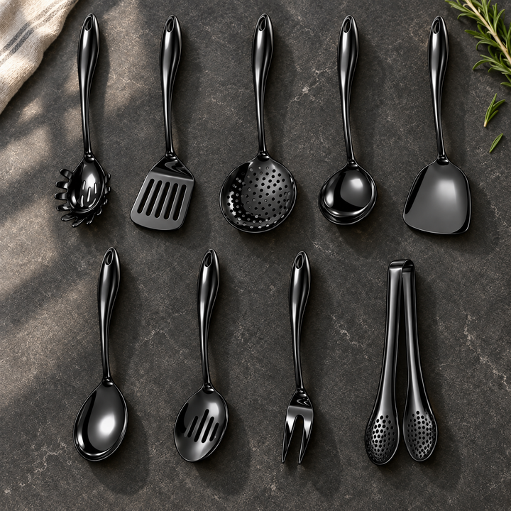 Nine glossy black utensils in two rows on dark stone, including a skimmer, wide turner, fork and tongs, with a linen cloth and rosemary. 29