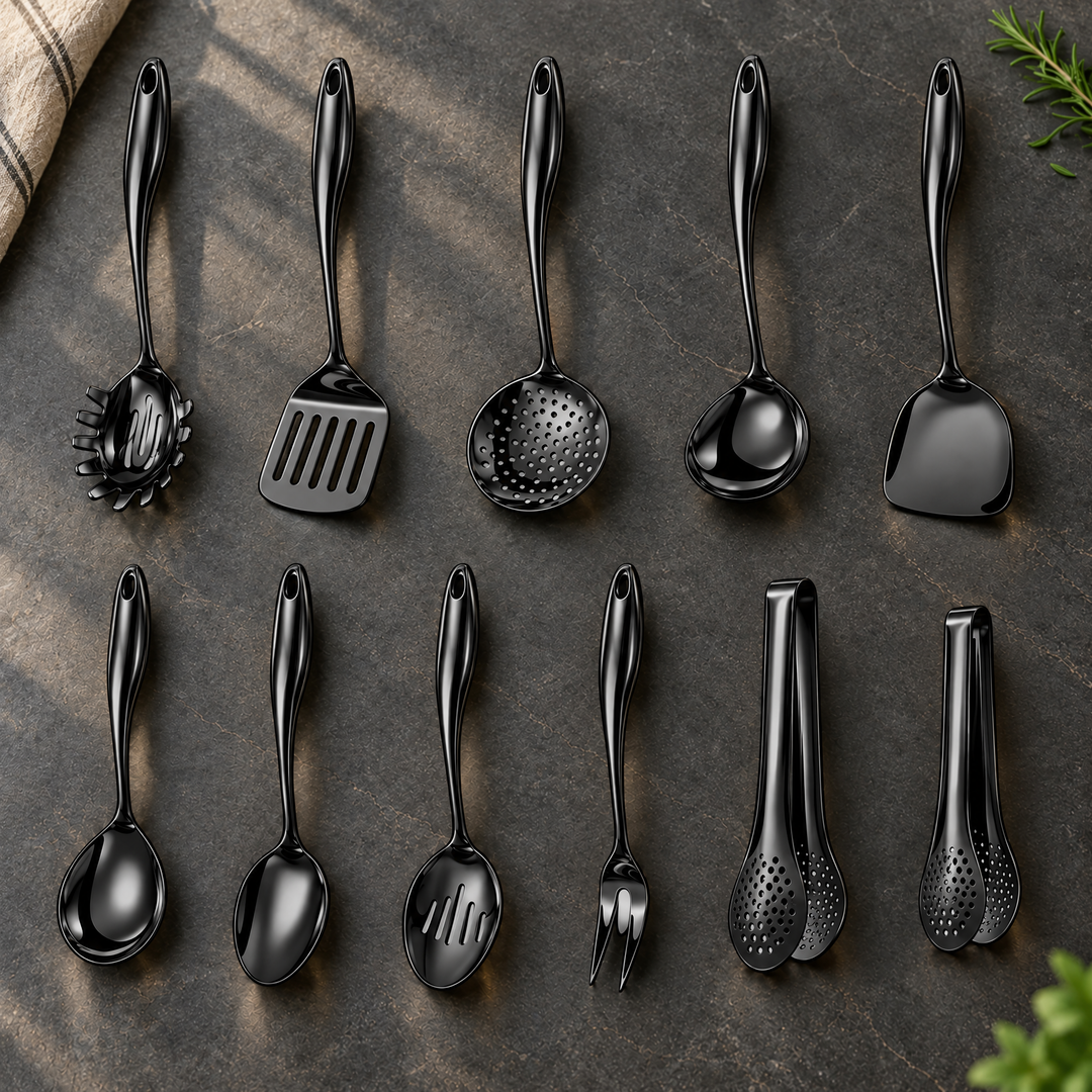 Eleven glossy black utensils in two rows on dark stone, with two pairs of perforated tongs, a striped linen cloth and fresh herbs. 30