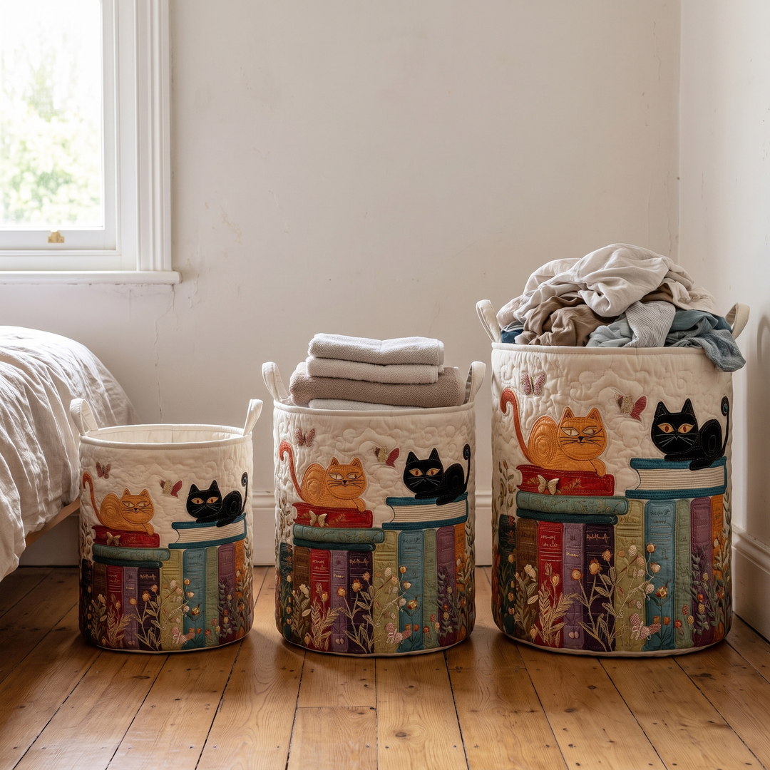 Three beige quilted cat pattern hampers in small, medium and large sizes