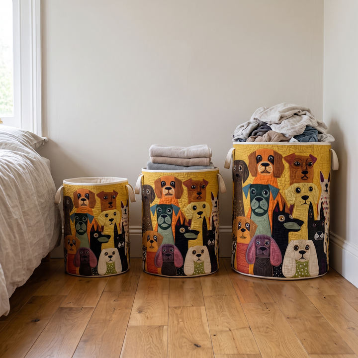 Quilted fabric laundry basket with canvas handles, another view with three sizes lined up.