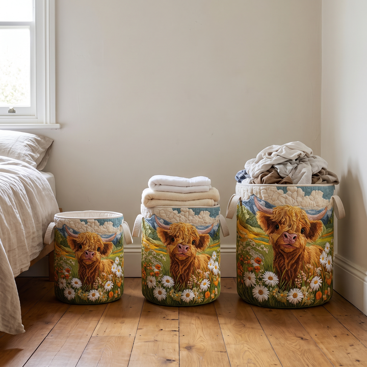 Blue, brown, green, orange and white padded laundry baskets in small, medium and large sizes in a bedroom corner.