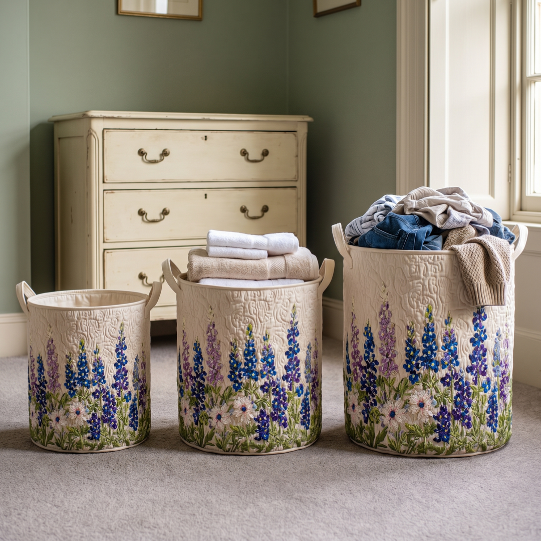 Three quilted laundry baskets in graduated sizes beside a dresser.