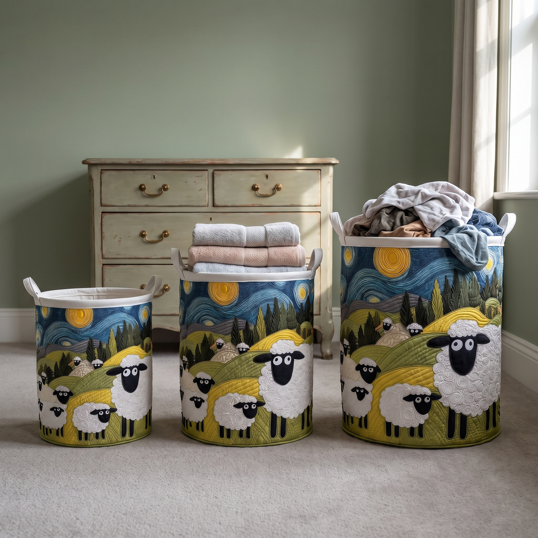 Three sizes of the sheep-print basket lined up on carpet in front of a green dresser, holding clothes and folded towels. 3