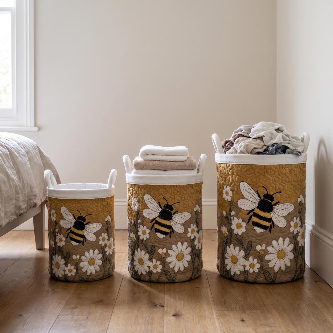 Another view of three quilted laundry baskets in graduated heights lined up in a bedroom.