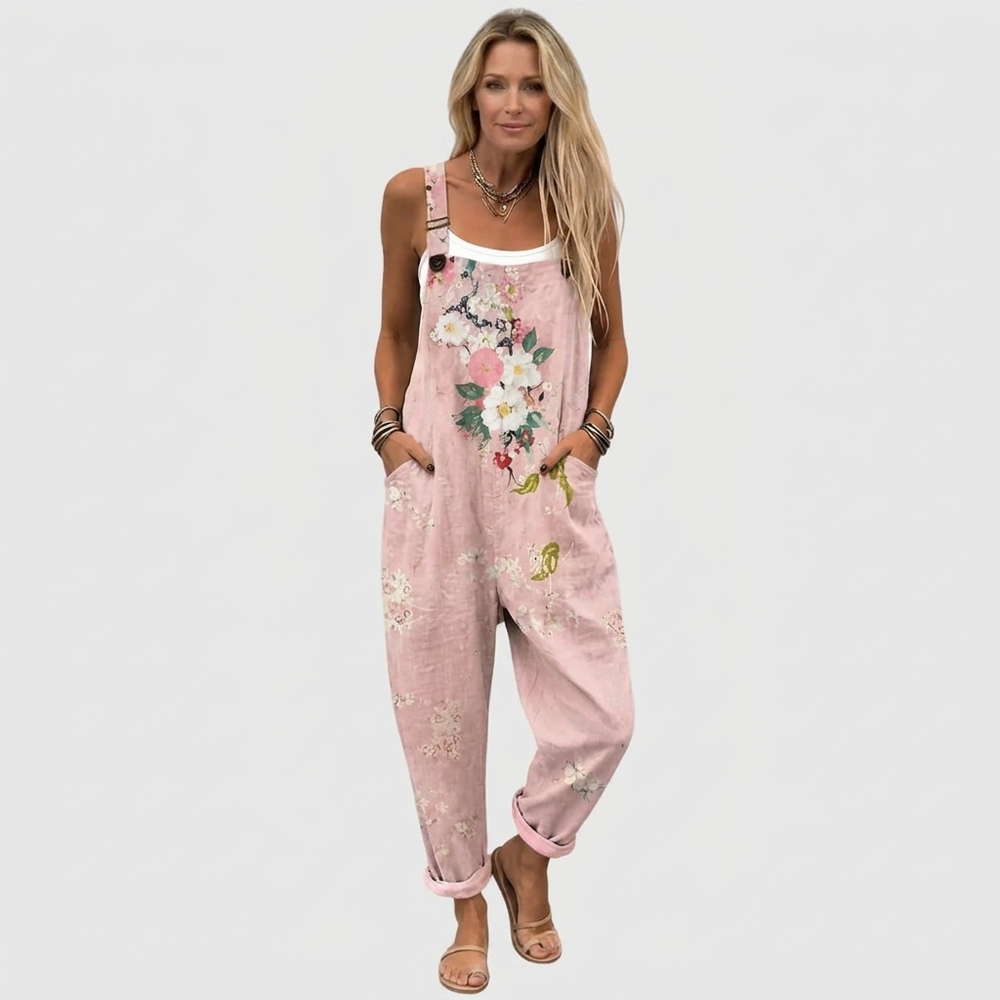 Pink floral overalls, full-length front view with a loose fit.