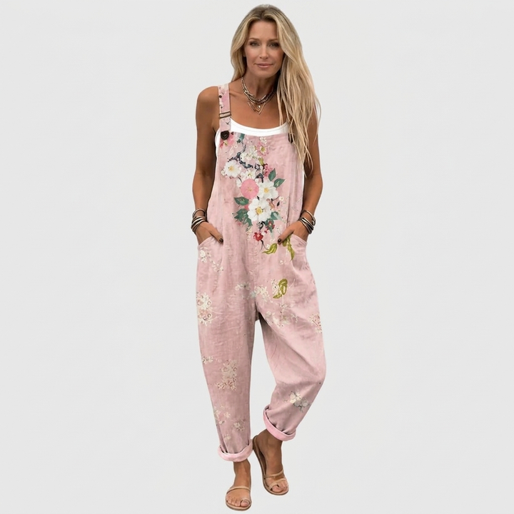 Pink floral overalls, full-length front view with a loose fit.