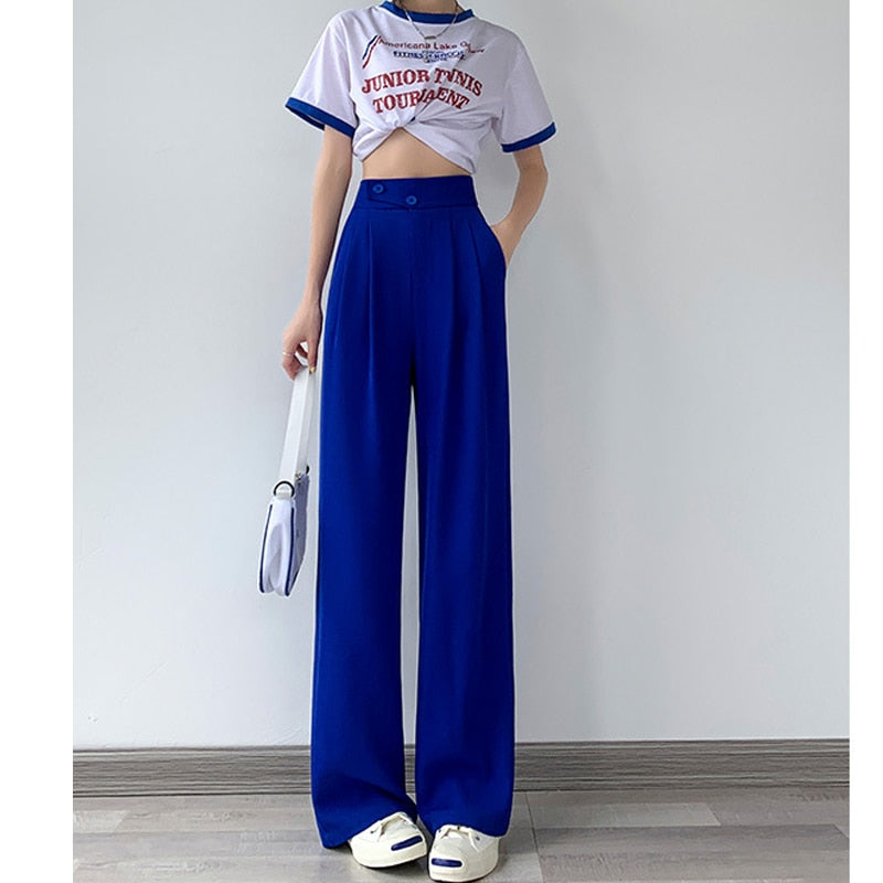 High-Waist Casual Women's Trousers with Wide Leg – Emilia-Blue-S-Nora Luxe