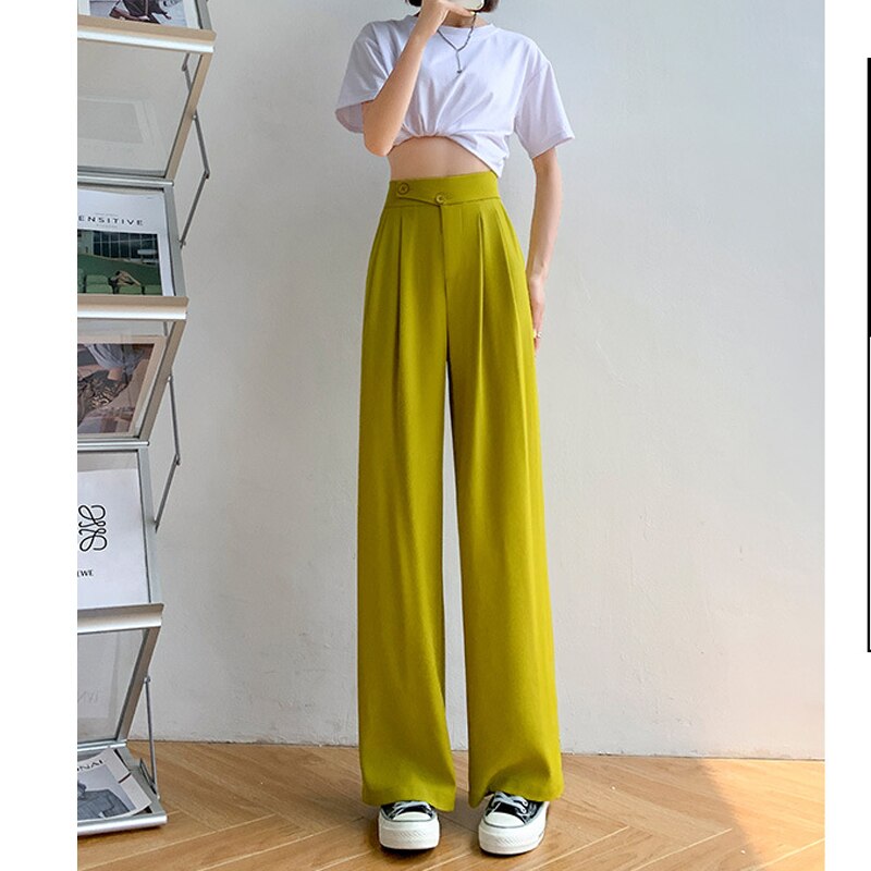 High-Waist Casual Women's Trousers with Wide Leg – Emilia-Yellow-S-Nora Luxe