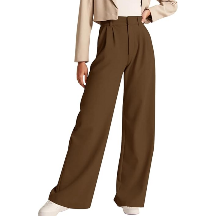 High Waisted Business Casual Work Trousers with Pockets - Katja-Dark Brown-S Short-Nora Luxe