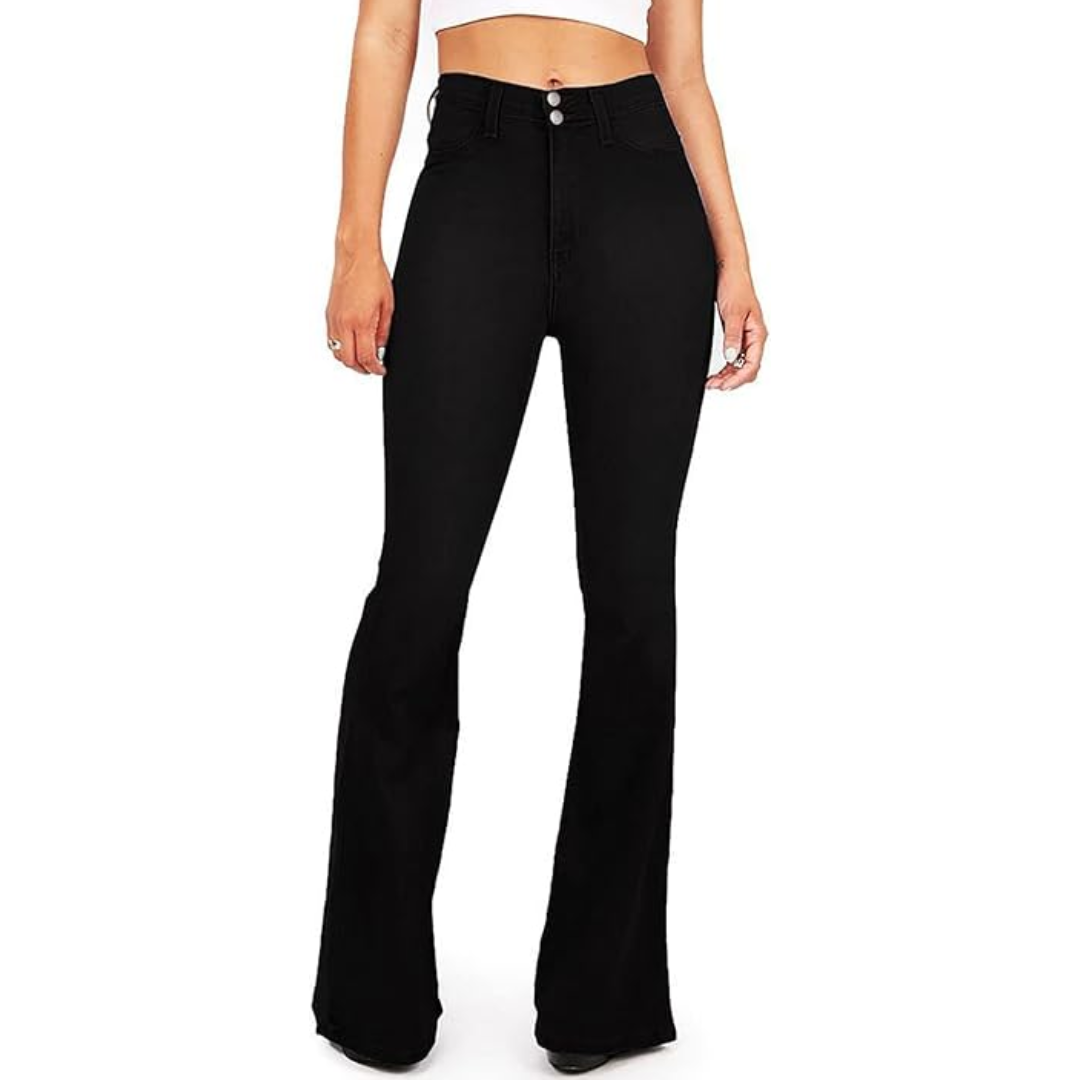 High-Waisted Flared Women's Jeans – Stella-Black with 2 Buttons-2XS-Nora Luxe