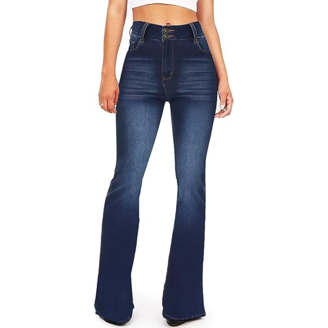 High-Waisted Flared Women's Jeans – Stella-Blue with 2 Buttons-2XS-Nora Luxe