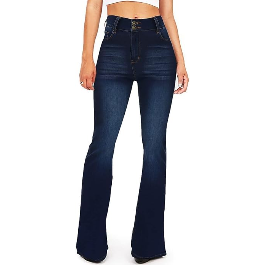 High-Waisted Flared Women's Jeans – Stella-Dark Blue with 2 Buttons-2XS-Nora Luxe