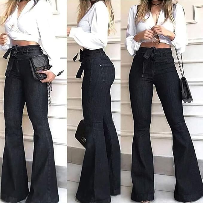 High-Waisted Flared Women's Jeans – Stella-Dark Blue with Belt-2XS-Nora Luxe