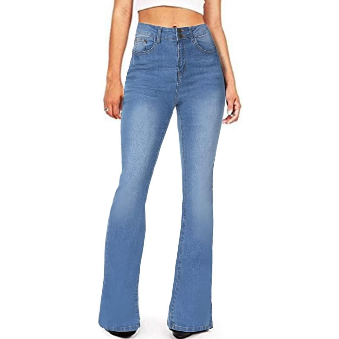 High-Waisted Flared Women's Jeans – Stella-Light Blue with 2 Buttons-2XS-Nora Luxe