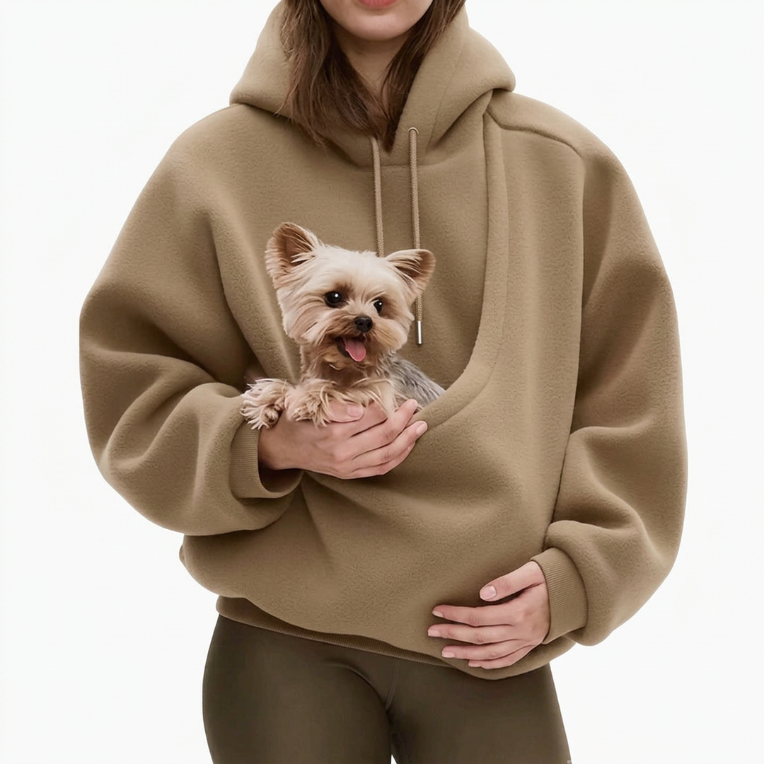 Tan fleece hoodie with a built-in front pouch and drawstring hood