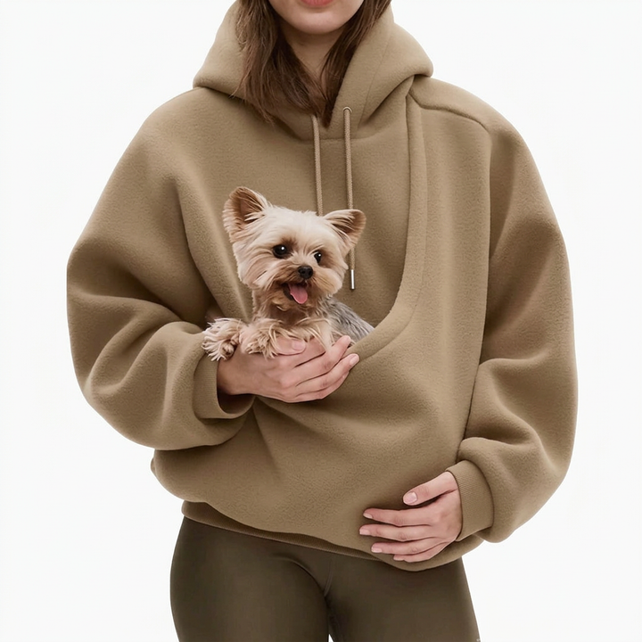 Tan fleece hoodie with a built-in front pouch and drawstring hood