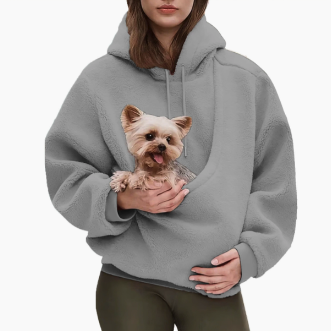 Gray teddy-fleece hoodie with a built-in front pouch holding a small terrier