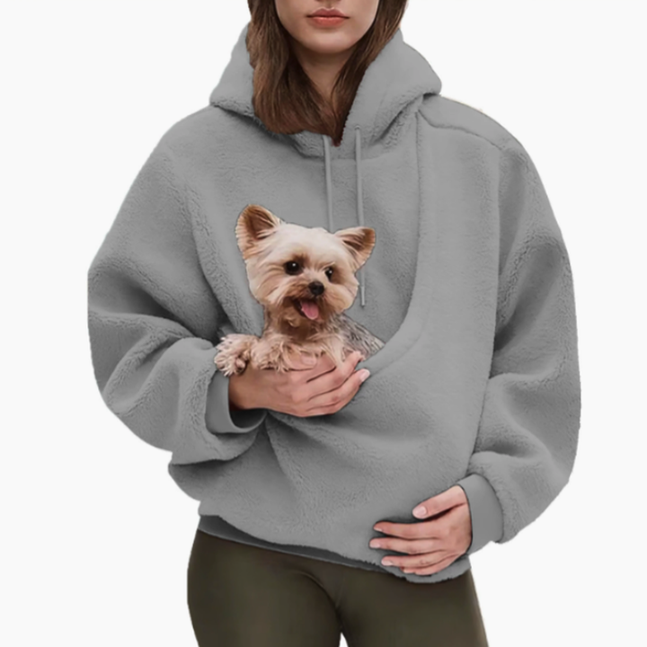 Gray teddy-fleece hoodie with a built-in front pouch holding a small terrier