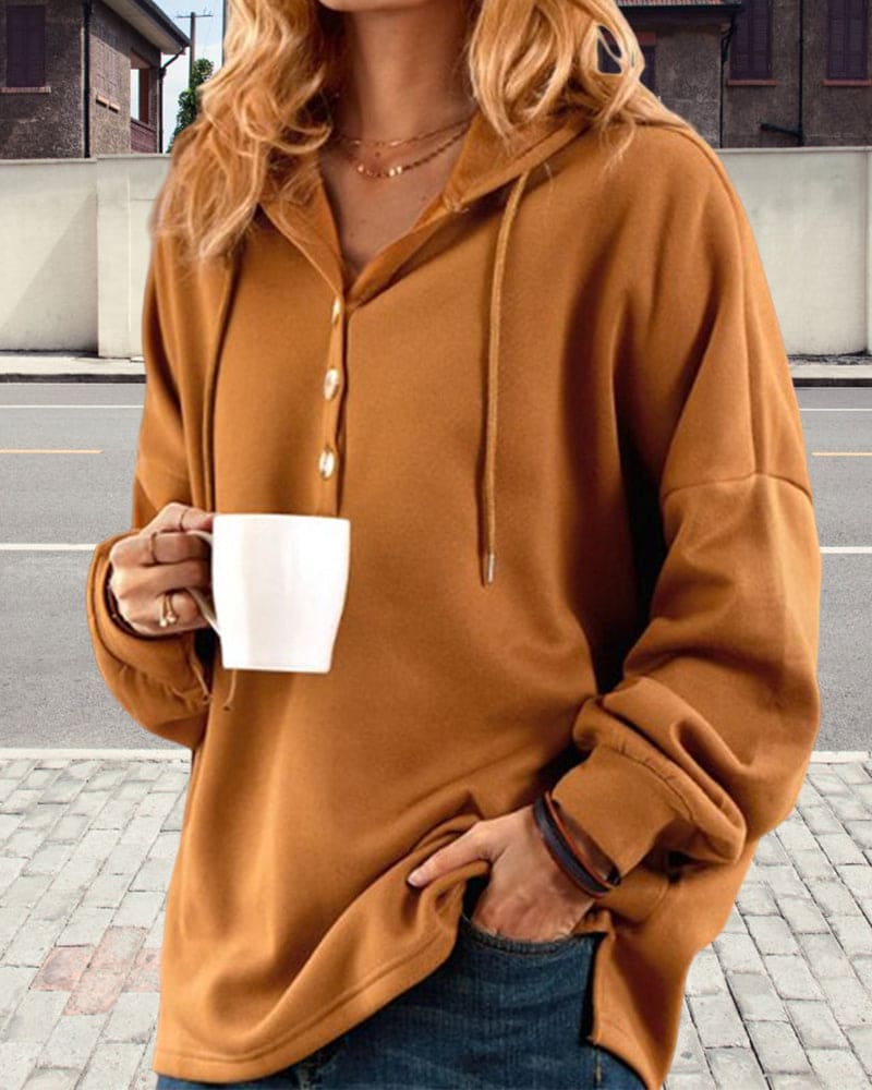 Hoodie with Button Closure - Luna-Brown-XS-Nora Luxe