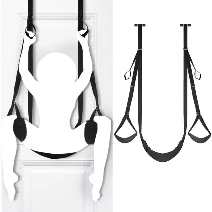 Black over-door swing detail with padded leg cuffs and door anchors.