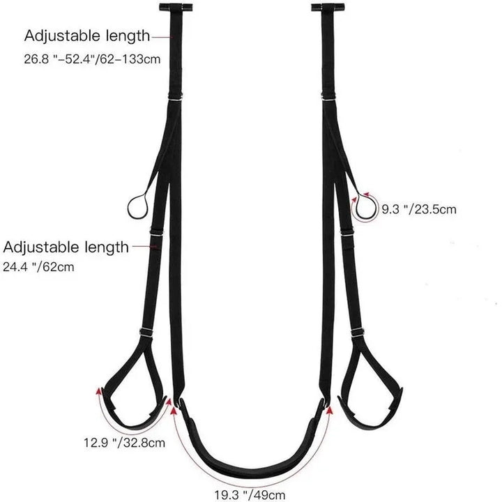 Black over-door swing detail showing adjustable strap lengths and seat width.