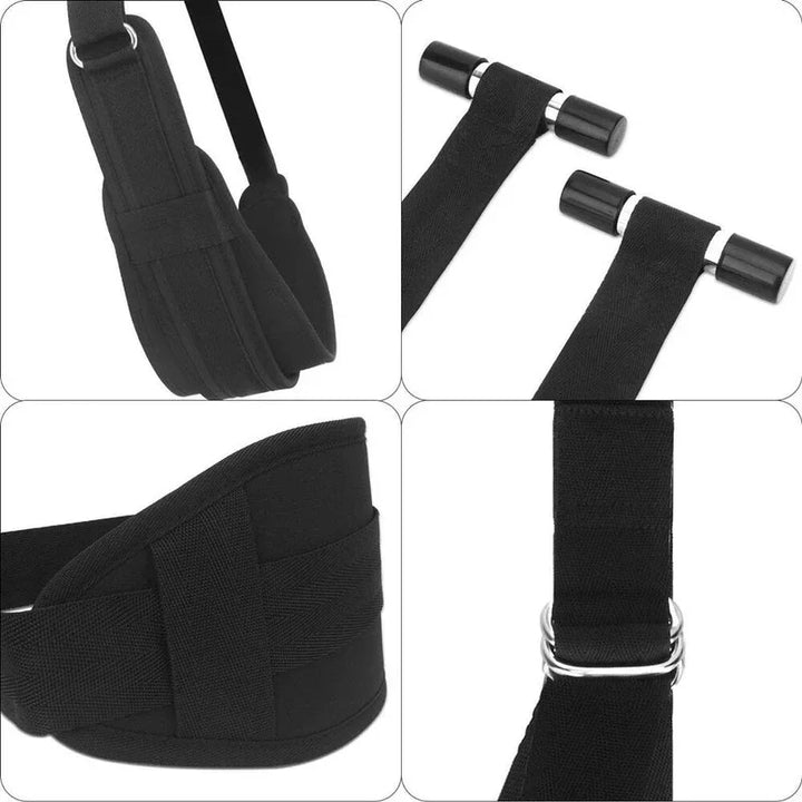 Black over-door swing detail with padded cuff, door anchors, seat band and metal buckle.