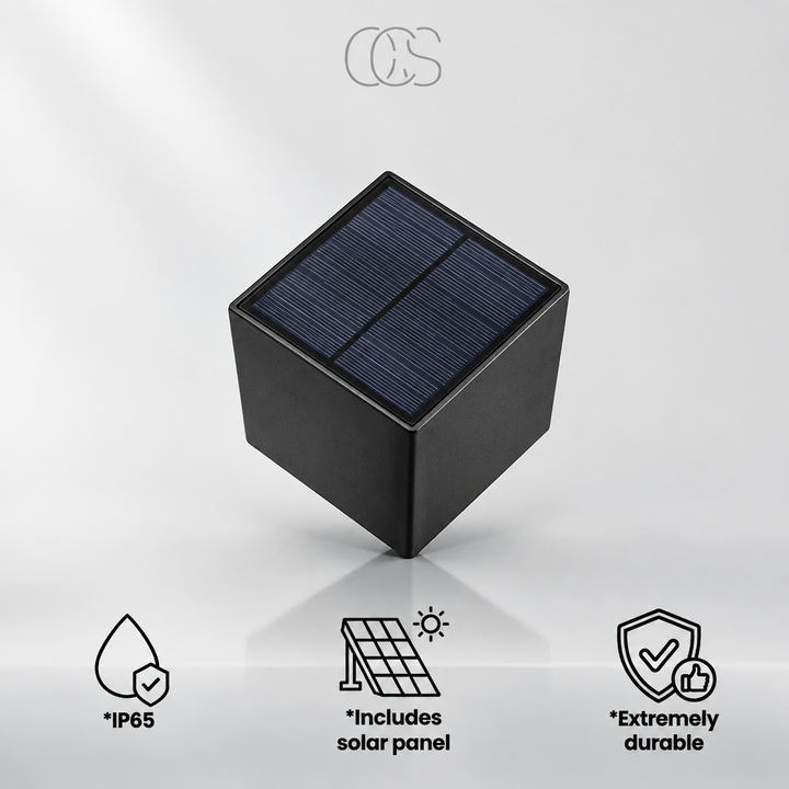 Black solar wall light product shot with a solar panel on top against a light gray background.