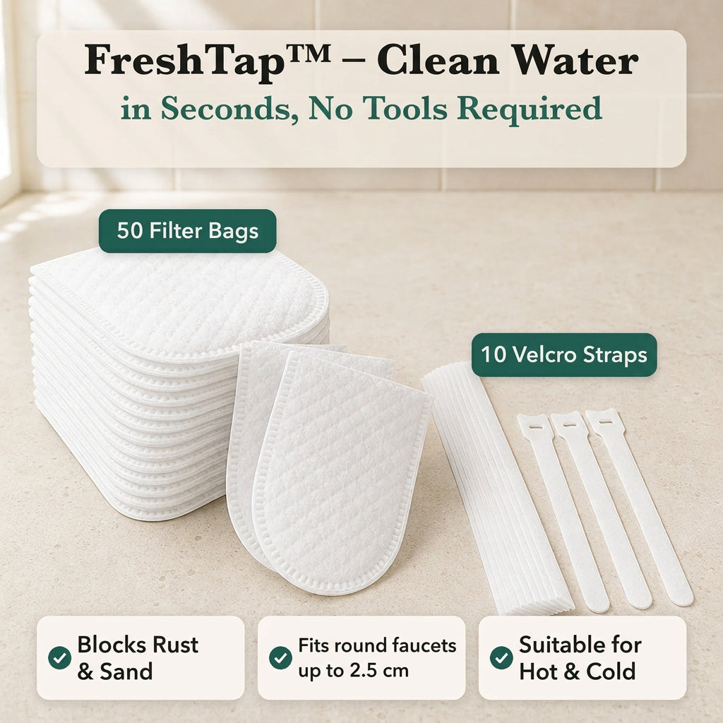 Stack of white quilted filter bags beside a bundle of white straps on a beige countertop 1