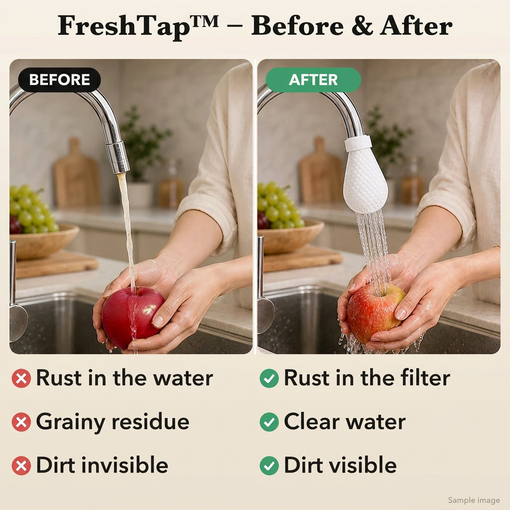 Before-and-after comparison of hands rinsing an apple, with discolored tap water versus clear water through a white cover 9