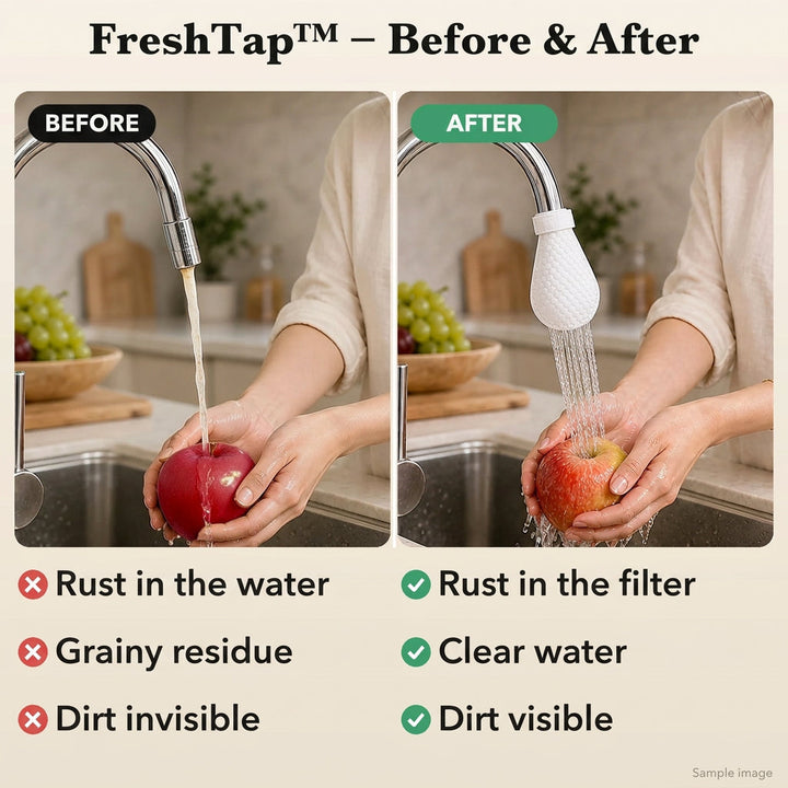 Before-and-after comparison of hands rinsing an apple, with discolored tap water versus clear water through a white cover 9