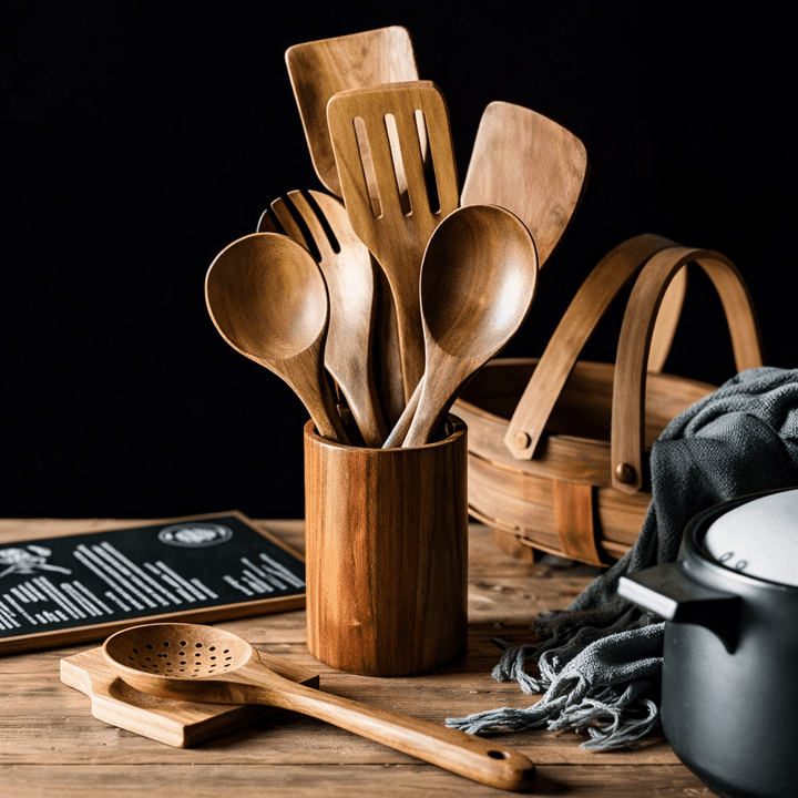 Wooden utensils in a round wooden holder with a strainer spoon on a rest.